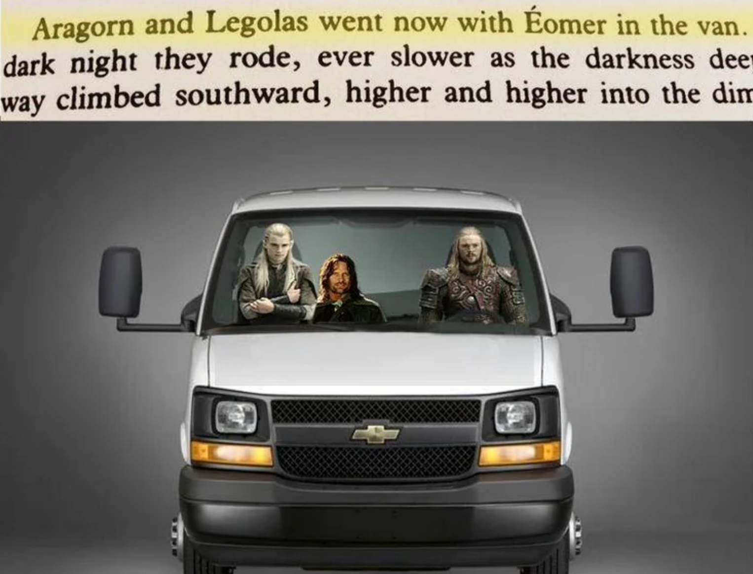 Ein Ausschnitt aus einem Buch: 'Aragorn and
  Legolas went now with Éomer in the van. [...]'. Darunter ein Bild: Aragorn, Legolas und Éomer in
  einem Van-Bus.