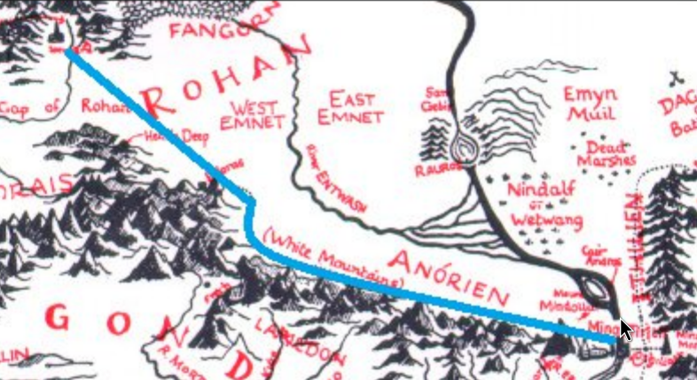 Eine Karte von Rohan und Gondor. Darin
  eingezeichnet ist die Strecke, die Gandalf mit Pippin von Isengard nach Minas Tirith
  zurücklegte.