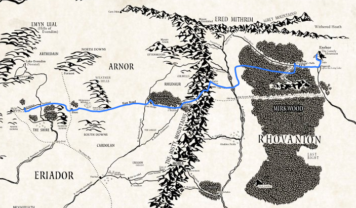 Eine Landkarte von Mittelerde. Darin
  eingezeichnet ist die Route, die Bilbo auf seiner Reise in 'The Hobbit' nahm.