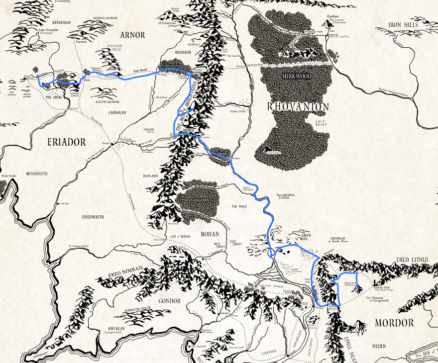 Eine Karte von Mittelerde. Darin eingezeichnet
  ist die Route, die Frodo und Sam in 'The Lord of the Rings' nahmen.