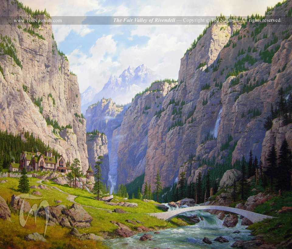 Das Bild ist eine Illustration von Ted
  Nasmith. Links im Bild ist das Letzte Heimelige Haus östlich der See, das Elrond in Rivendell
  gründete. im Vordergrund fließt der Bruinen, der rechts im Bild von einer Brücke überspannt wird.
  Umringt ist alles von hohen Klippen und Nadelbäumen. Im Hintergrund sind die Misty Mountains zu
  erahnen.