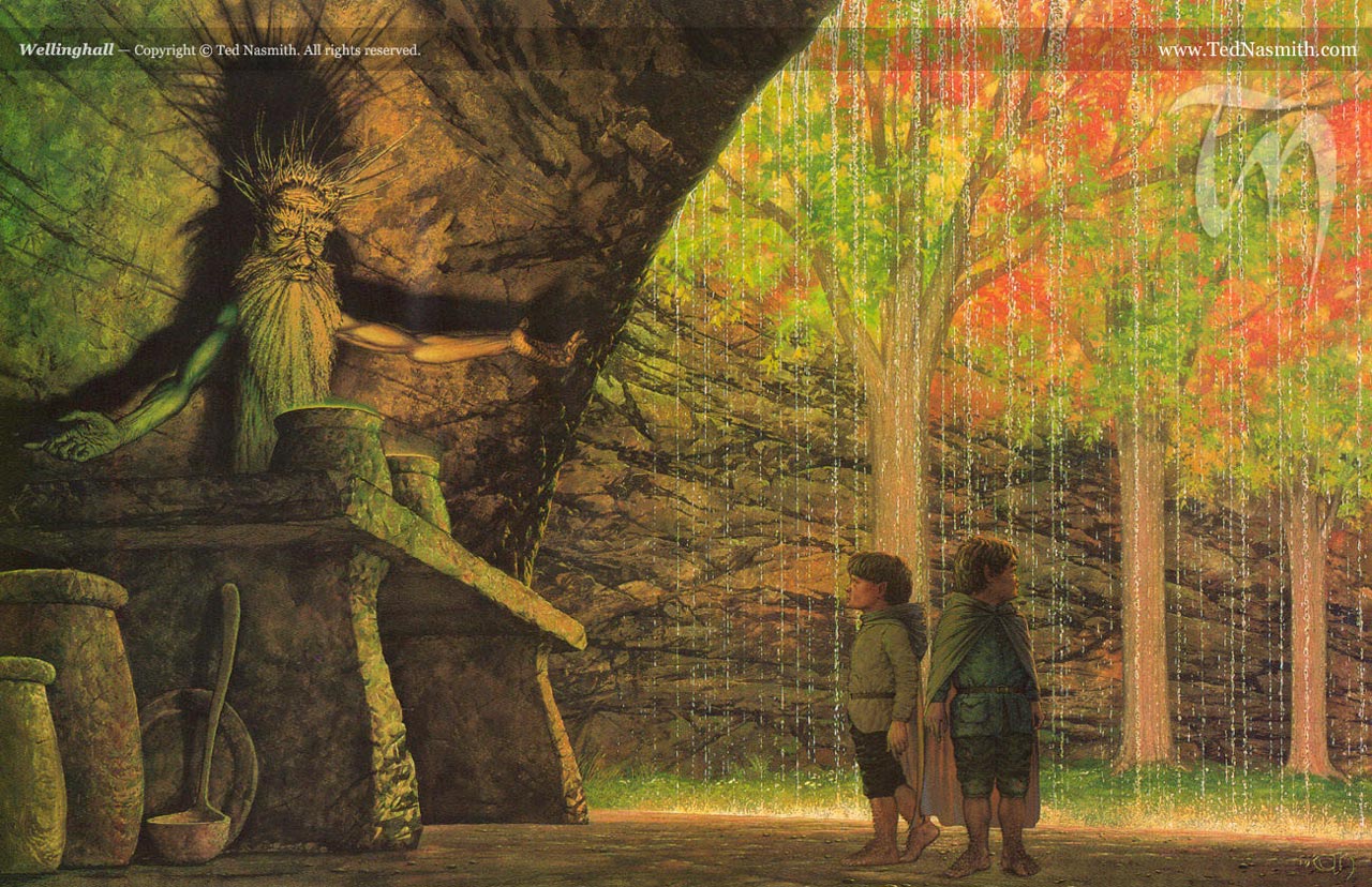 Das Bild ist eine Illustration von Ted
  Nasmith. Links im Bild ist Treebeard, der hinter einem Tisch mit Krügen steht. Rechts im Bild
  sieht man Merry und Pippin, die umher schauen. Hinter ihnen sieht man eine Lichtung mit Bäumen.
  Es regnet.